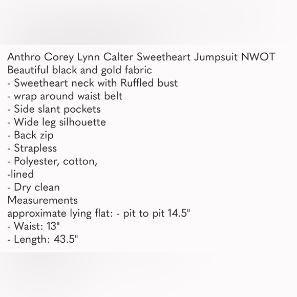 Anthropologie Corey Lynn Sweetheart Jumpsuit Gold Black Cropped - Picture 12 of 12